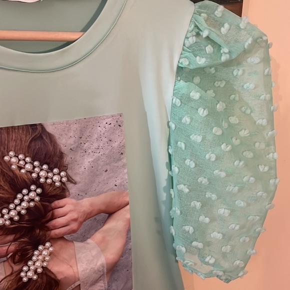Miss Mia Mia Mint Green Balloon Sleeve Spandex T-shirt Top Size Medium - Picture 11 of 16